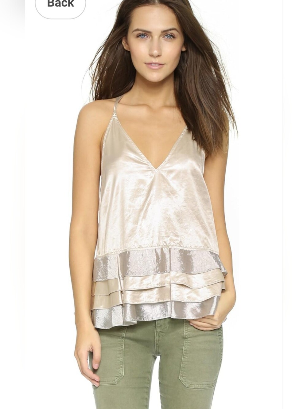 Rebecca Minkoff Silky Tiered V-Neck Cami Top in Silver/Gold, Size Large